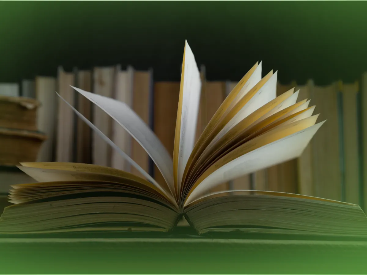 Livro aberto com páginas espalhadas sobre uma mesa, com fundo desfocado de inúmeras Explicações de Literatura Portuguesa UN na vertical. Mensalidades.