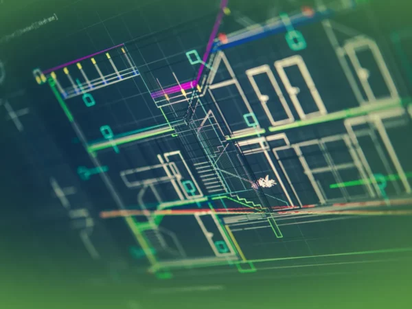 Planta arquitetônica digital mostrada em perspectiva, exibindo linhas multicoloridas e detalhes de desenho sobre fundo escuro, Explicações de Desenho Técnico UN. Pacote de Horas.