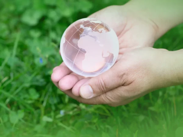 Mãos segurando um globo transparente com um mapa sobreposto, posicionado acima de uma grama verdejante, mostrando Explicações de Ecologia ONU. Pacote de Horas.