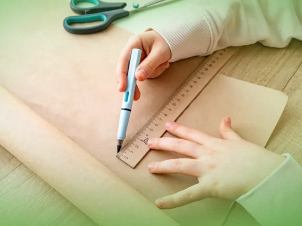 Uma pessoa marcando uma linha com Explicações de Educação Visual 5.º Ano. Pacote de Horas em papel, com orientação de régua, com tesoura próxima sobre mesa de madeira.