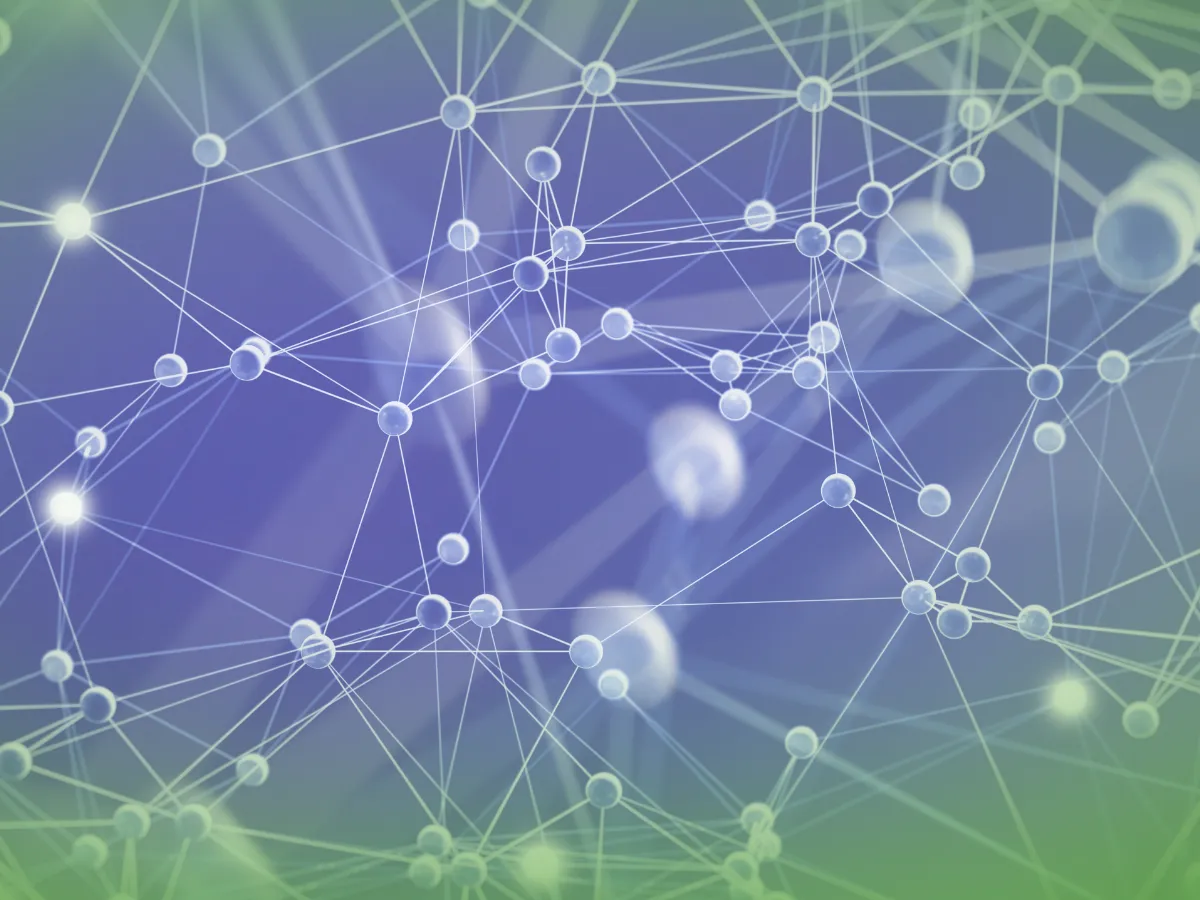 Ilustração abstrata de rede com pontos e linhas brancas interconectadas em Explicações de Estrutura de Dados UN. Pacote de Horas com fundo desfocado.