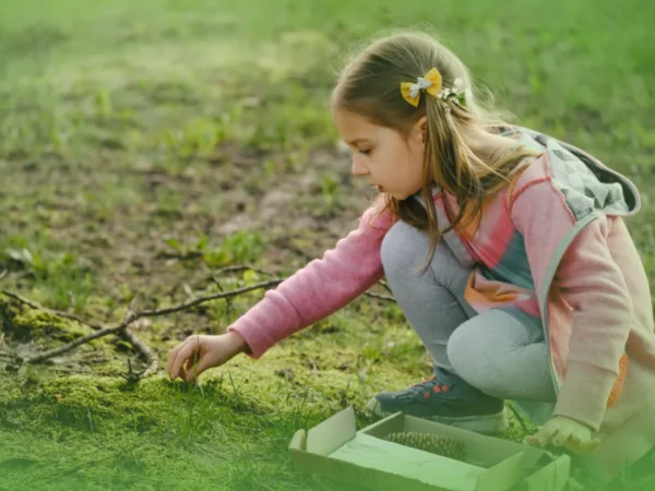 Uma jovem com Explicações de Estudo do Meio 4.º Ano. Pacote de Horas, de cabelos ajoelhados na grama, estendendo a mão para tocar o chão ao lado de uma caixa aberta.