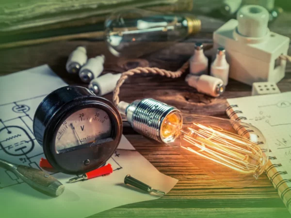 Equipamento elétrico antigo, incluindo voltímetro, lâmpadas e esboços em uma mesa de madeira, destacando uma configuração de engenharia da velha escola com Explicações de Física Geral UN. Pacote de Horas.