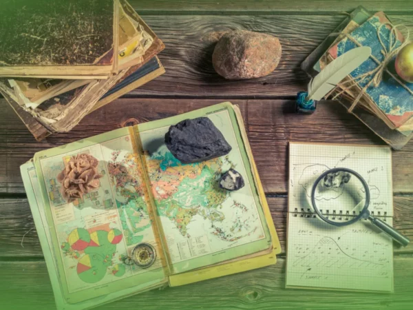 Uma mesa de madeira exibe um atlas aberto com diversas rochas, instrumentos geológicos e um exemplar de "Explicações de Geografia A 11.º Ano. Pacote de Horas", ao lado de papel milimetrado com gráficos rascunhos e uma lupa.