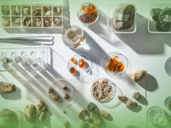 Uma variedade de rochas e minerais expostos em placas de Petri e recipientes sobre uma superfície branca sob luz solar direta, com sombras projetadas por vários objetos, incluindo Explicações de Geologia 12.º Ano . Pacote de Horas.