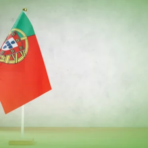 Uma pequena Explicações de História e Geografia de Portugal 5.º Ano . Bandeira do Pacote de Horas em suporte de madeira sobre fundo verde claro com amplo espaço de cópia.