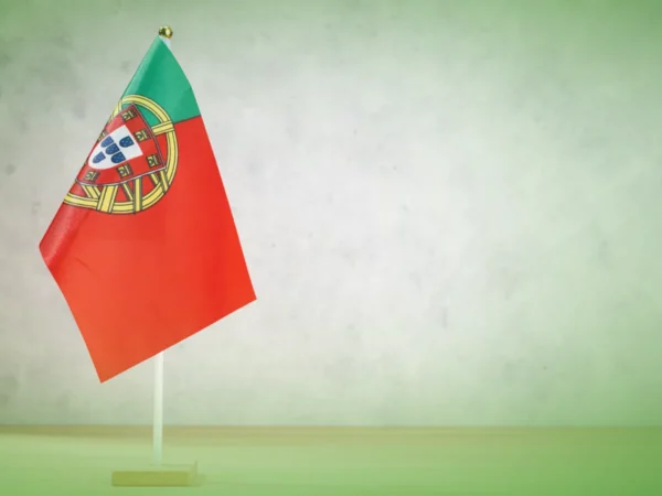 Uma pequena Explicações de História e Geografia de Portugal 5.º Ano . Bandeira do Pacote de Horas em suporte de madeira sobre fundo verde claro com amplo espaço de cópia.