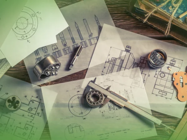 Projetos de engenharia e componentes mecânicos, incluindo Explicações de Introdução à Engenharia Mecânica ONU. Pacote de Horas e parafusos, espalhados sobre uma mesa de madeira com tom vintage.
