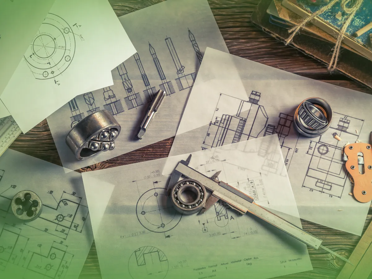 Projetos de engenharia e componentes mecânicos, incluindo Explicações de Introdução à Engenharia Mecânica ONU. Pacote de Horas e parafusos, espalhados sobre uma mesa de madeira com tom vintage.