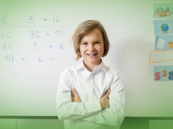 Um menino de camisa branca sorrindo confiante para a câmera com os braços cruzados, em frente a um quadro escolar com problemas de matemática, recebendo Explicações de Matemática 5.º Ano. Pacote de Horas.