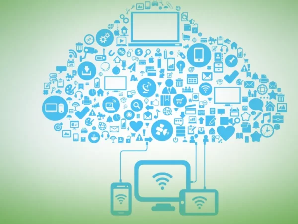 Ilustração do conceito de computação em nuvem com dispositivos conectados e vários ícones de tecnologia em um fundo verde usando Explicações de Teoria da Computação UN. Pacote de Horas.