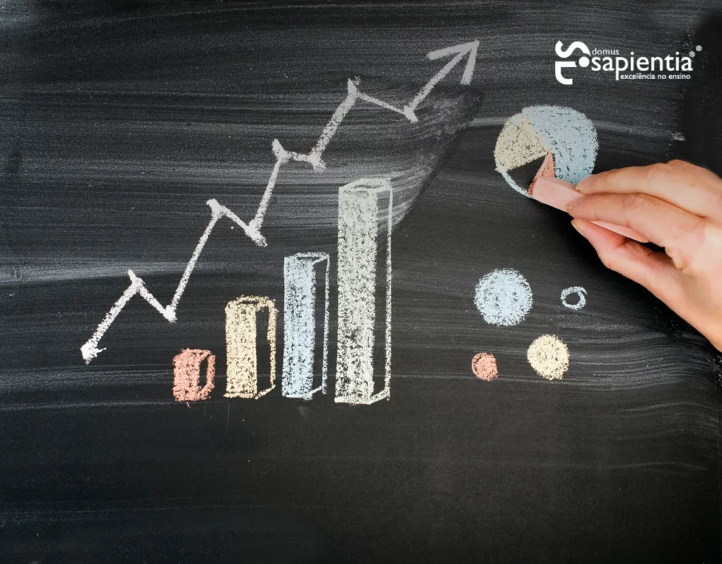 Uma mão desenhando um gráfico em um quadro-negro.