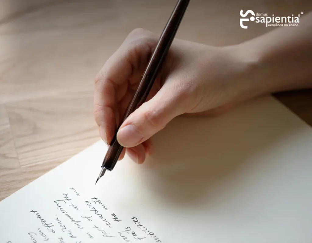 Uma pessoa escrevendo em um pedaço de papel com uma caneta.