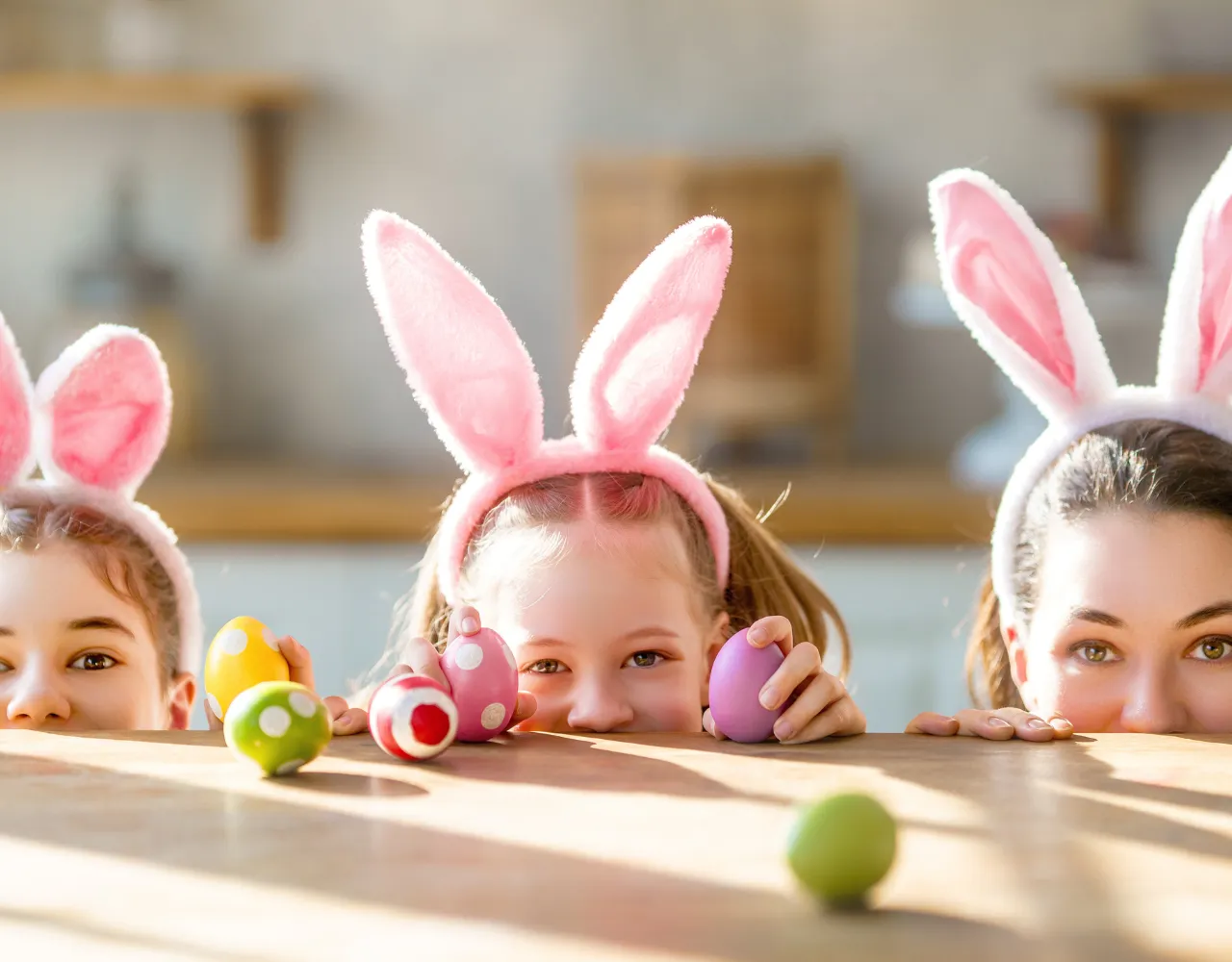 Três indivíduos com orelhas de coelho espiam sobre uma mesa com ovos de páscoa coloridos.