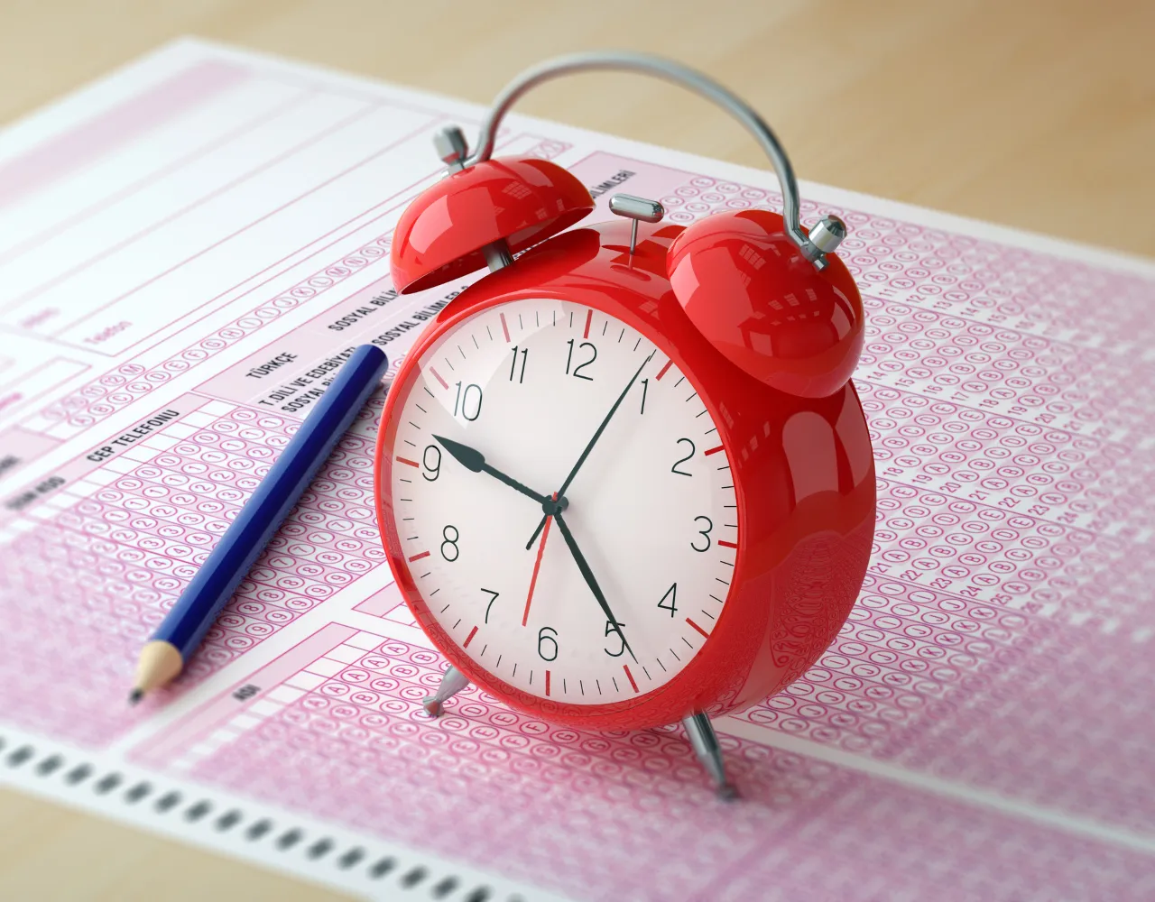 Despertador analógico vermelho em um planejador diário com um lápis azul, enfatizando o gerenciamento e a programação do tempo.