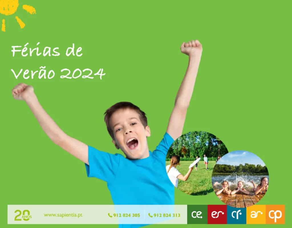 Um menino com os braços levantados comemora o verão em um anúncio das “férias de verão 2024”, com três pequenas imagens de crianças brincando ao fundo.