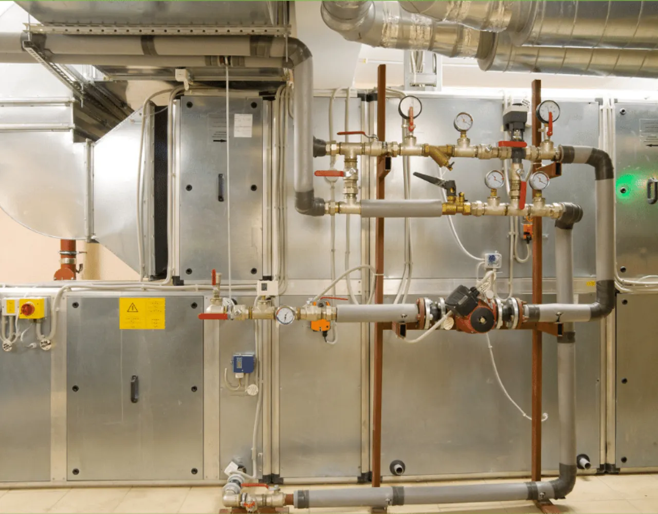 Uma sala mecânica com vários tubos metálicos, válvulas, medidores e outros equipamentos usados em sistemas construtivos.