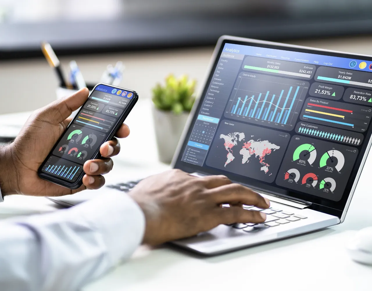 Pessoa que usa um smartphone e um laptop exibindo vários painéis analíticos, incluindo gráficos, tabelas e mapas, enquanto está sentado em uma mesa.