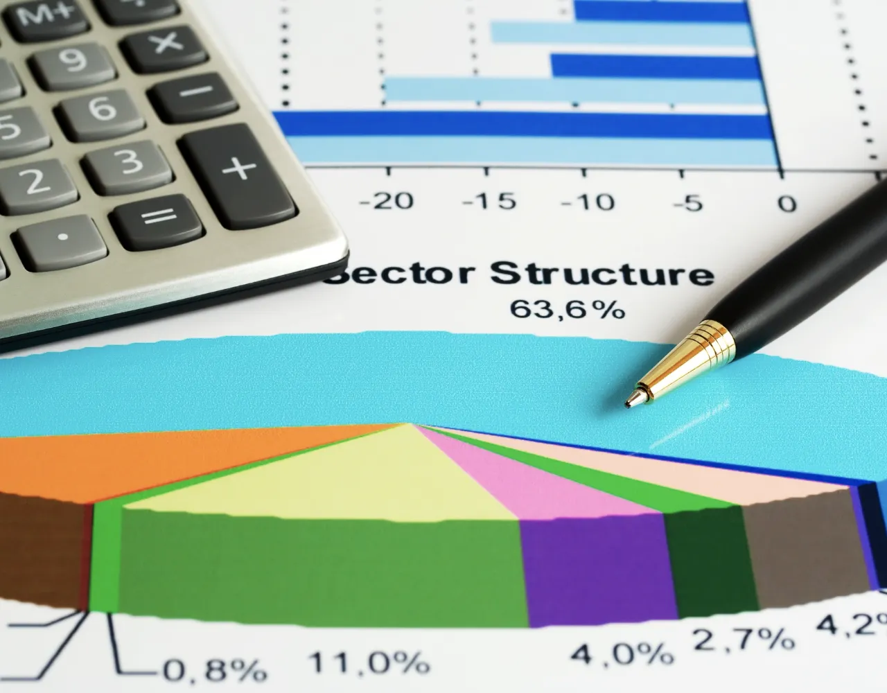 Uma calculadora e uma caneta estão sobre documentos financeiros apresentando um gráfico de pizza, um gráfico de barras e porcentagens de estrutura do setor.