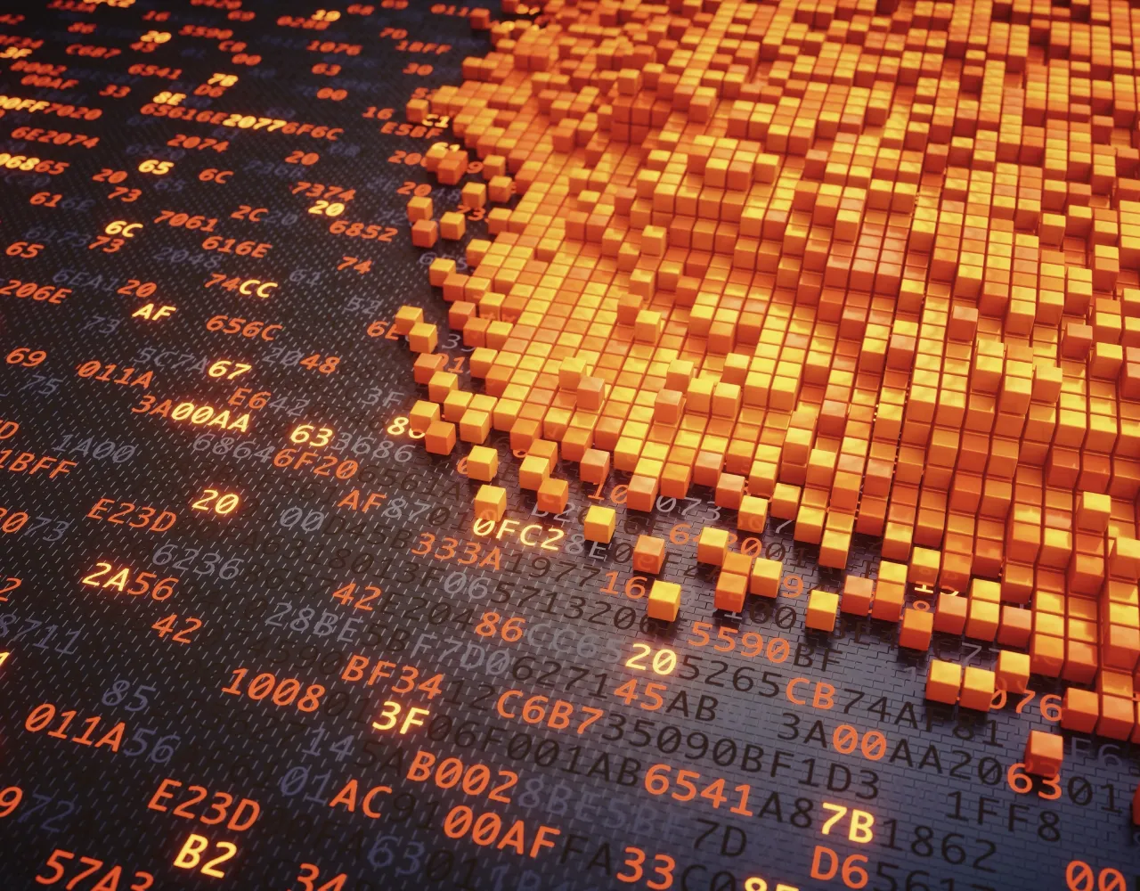 Uma ilustração 3D de blocos de pixels laranja formando uma forma esférica, sobrepostos a um fundo de código hexadecimal em várias cores em uma superfície escura.