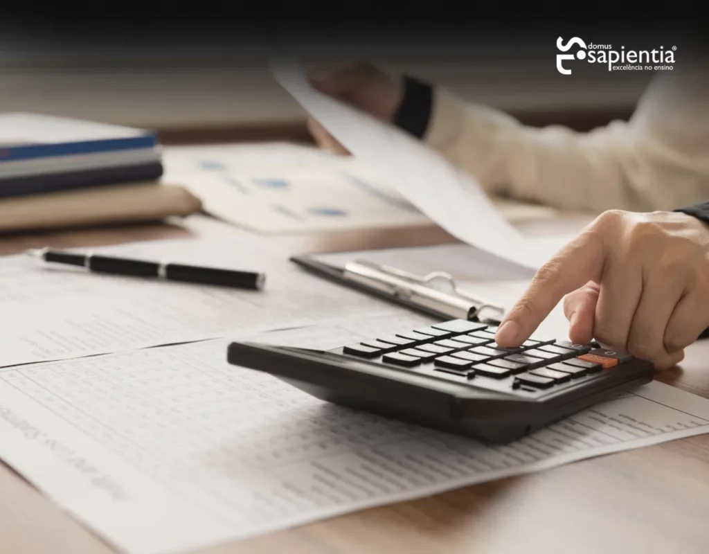 Uma pessoa usa uma calculadora em uma mesa abarrotada de papéis e uma caneta.